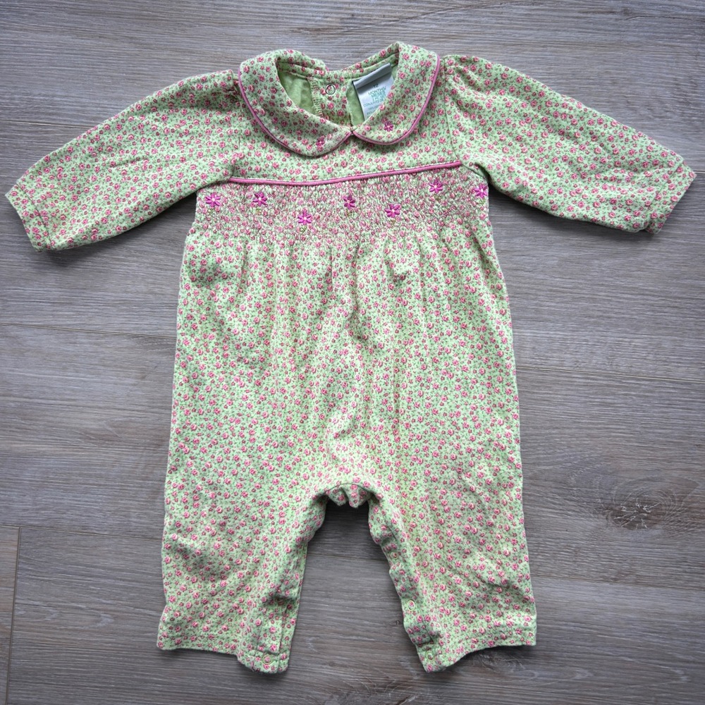 Okie Dokie Baby 12 Months Girls Green Pink Floral Smocked Romper
